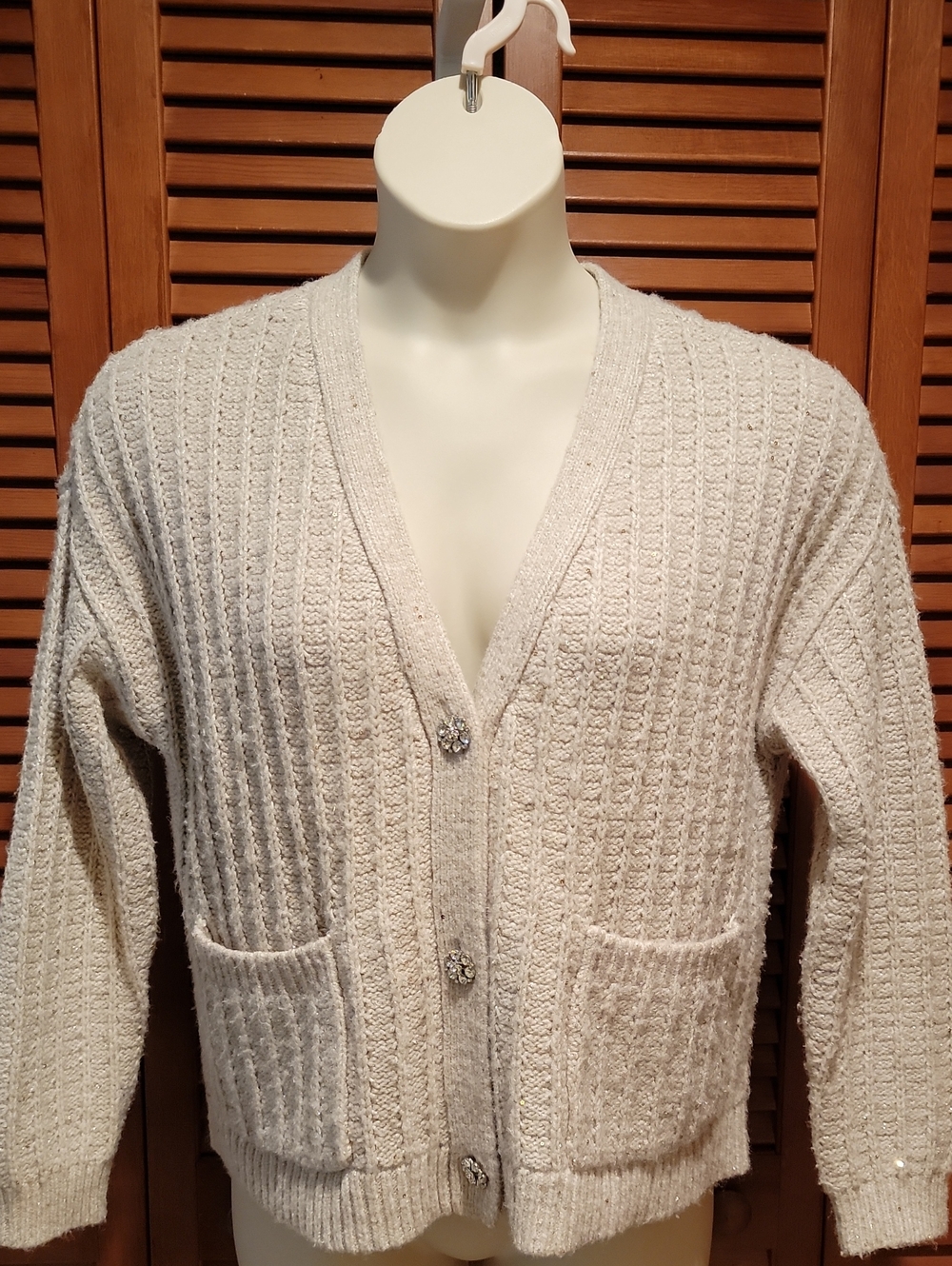 LOFT BEIGE RIBBED RHINSTONE-FRONT BUTTON SWEATER